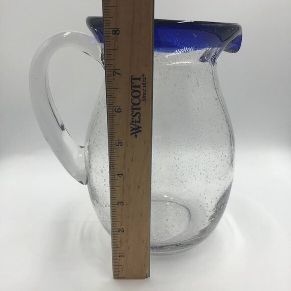 Cobalt Blue Rim Handblown Glass Pitcher With Handle Kitchen Drinkware - Picture 12 of 13